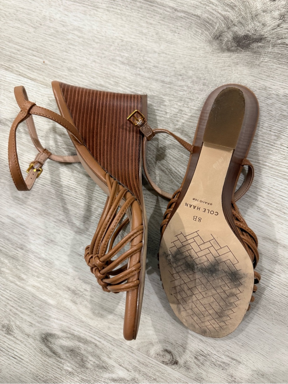Cole Haan Brown Braided Leather T-Strap Sandals - Picture 2 of 2